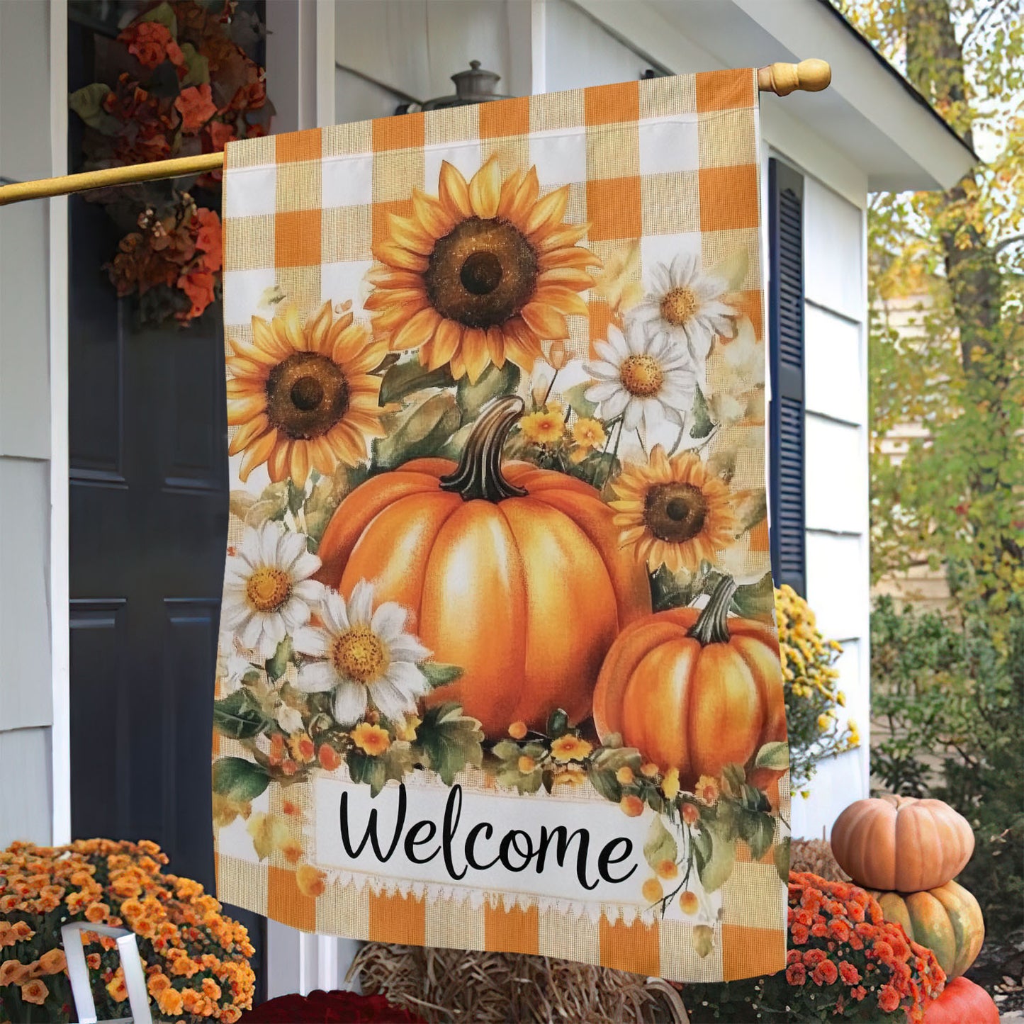 Thanksgiving Garden Flag & House Flag, Pumpkin Welcome Thankful Season Outdoor Decor, Yard Decor Gift For Thankful Lovers