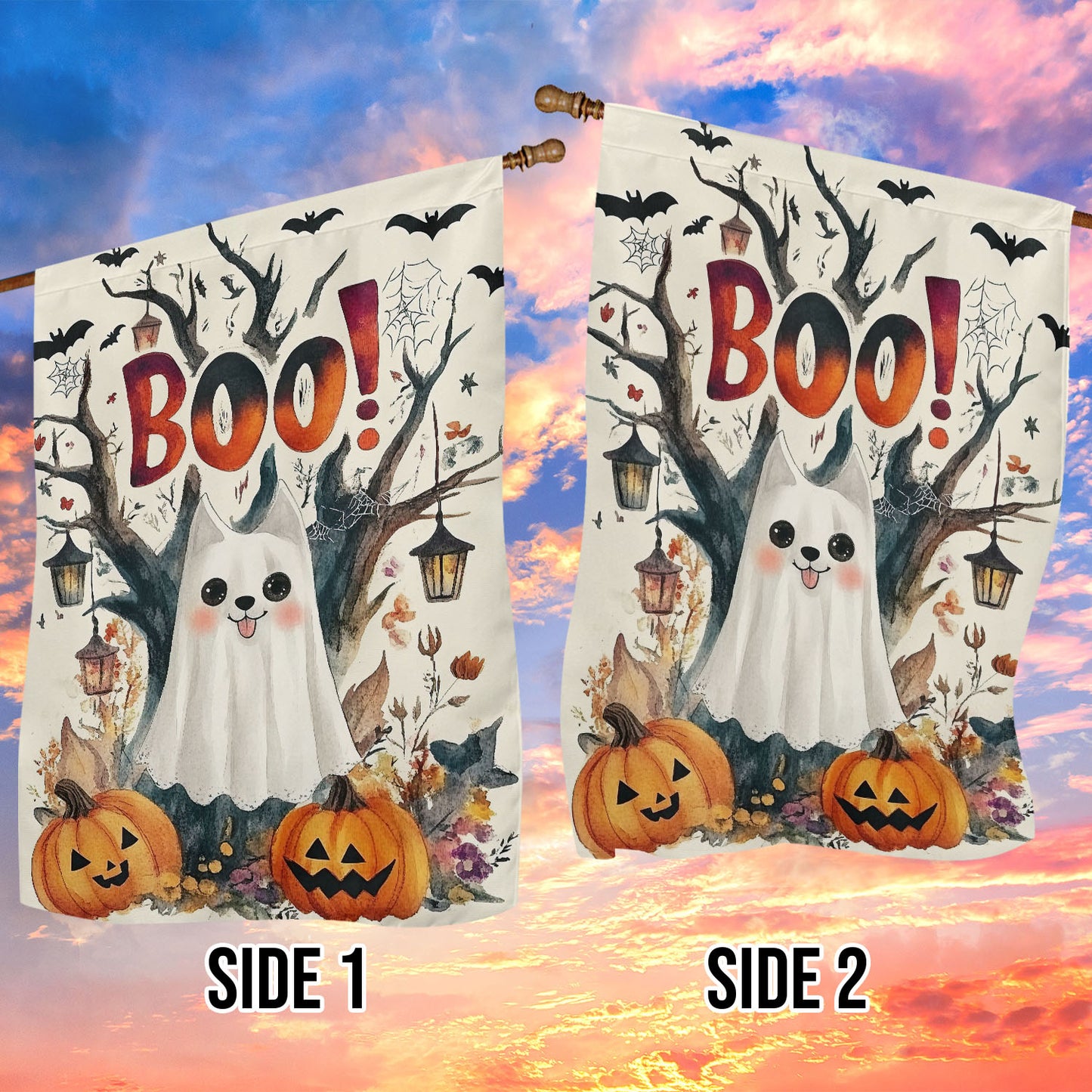 Halloween Cat Garden Flag & House Flag, Ghost Cat Boo Spooky Season Outdoor Decor, Yard Decor Gift For Cat Lovers