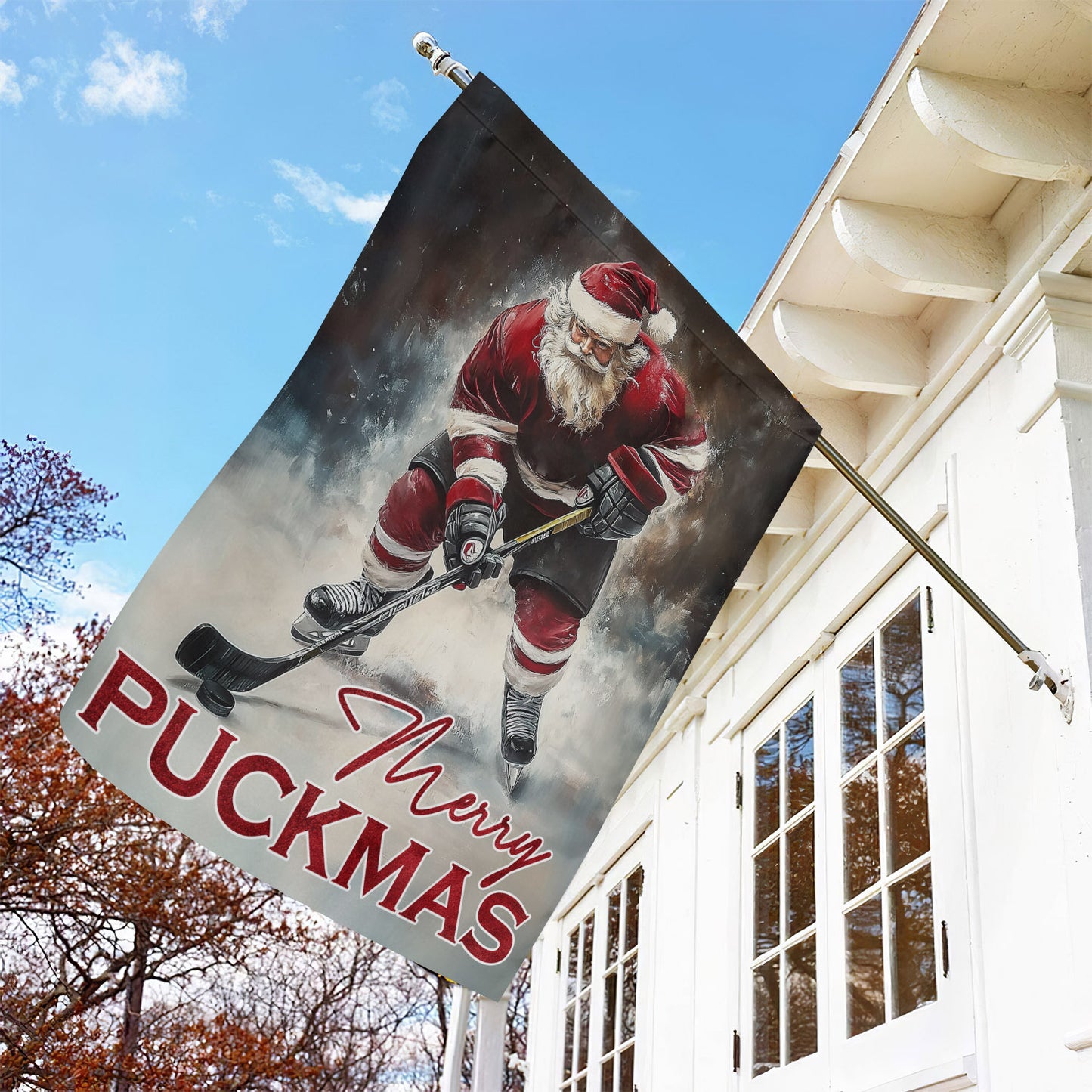 Christmas Santa Claus Playing Hockey Garden Flag & House Flag, Merry Puckmas, Welcome Outdoor Decor, Xmas Yard Decor Gift For Hockey Lovers