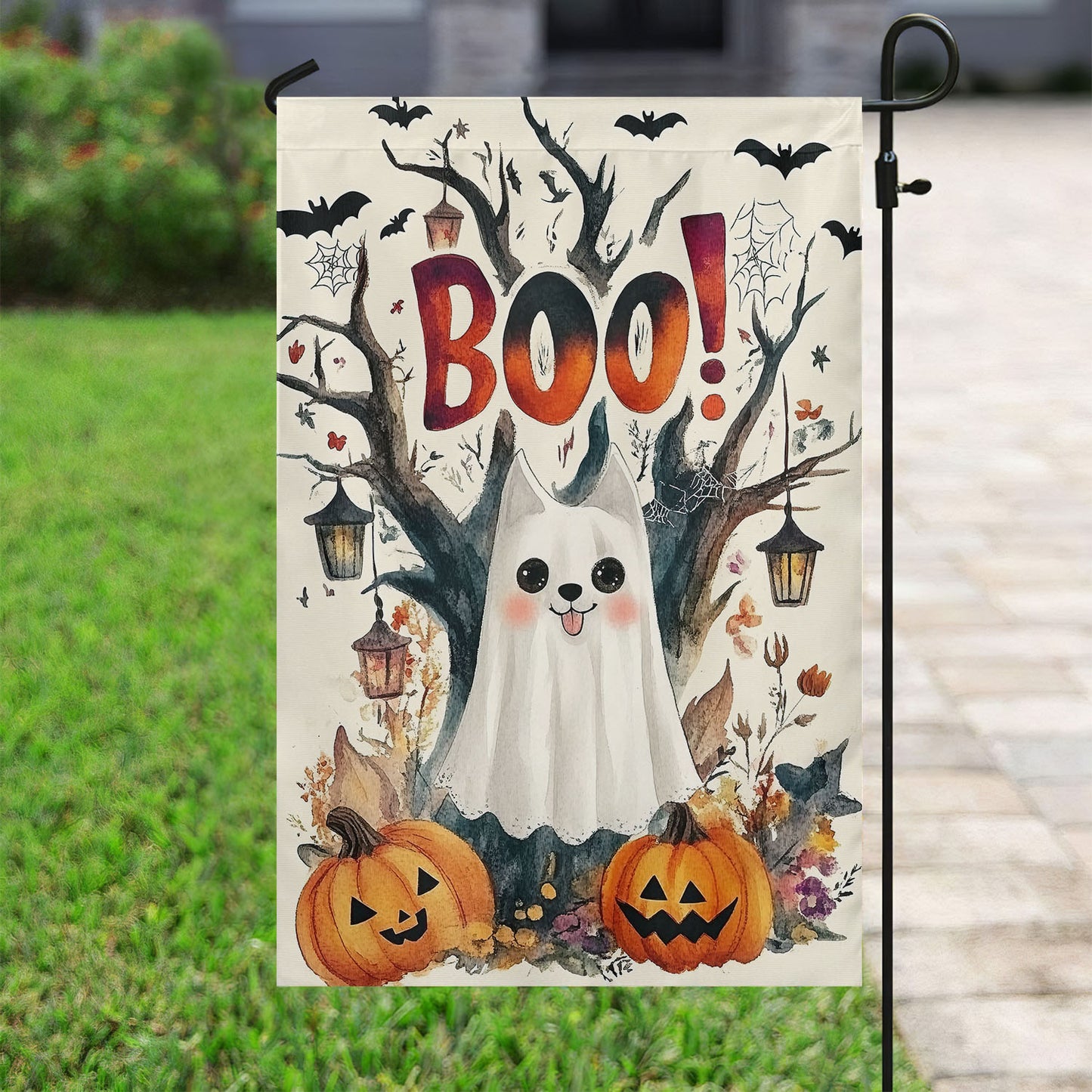 Halloween Cat Garden Flag & House Flag, Ghost Cat Boo Spooky Season Outdoor Decor, Yard Decor Gift For Cat Lovers