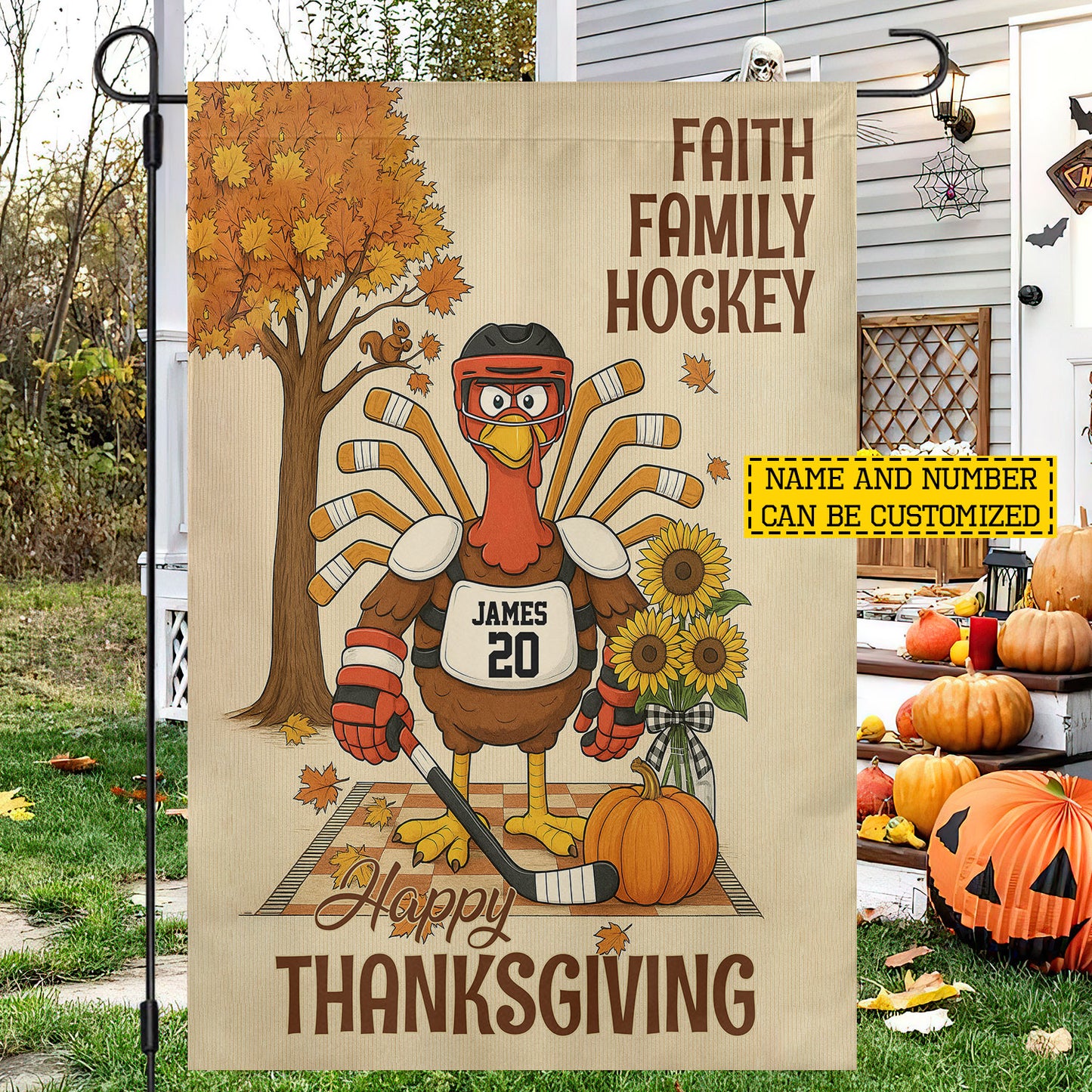 Personalized Thanksgiving Hockey Garden & House Flag, Faith Family Hockey Turkey Outdoor Decor, Yard Decor Thankful Gift For Hockey Lovers