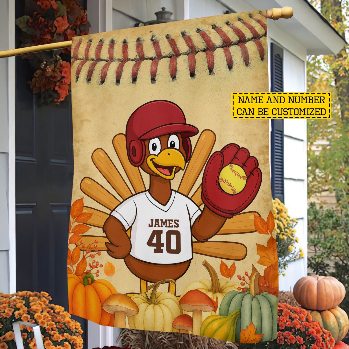 Cute Personalized Thanksgiving Softball Garden & House Flag, Thankful Turkey Outdoor Decor, Yard Decor Gift For Softball Lovers