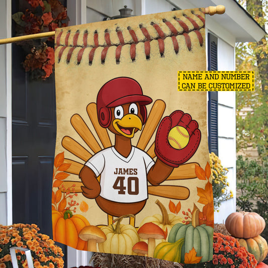 Cute Personalized Thanksgiving Softball Garden & House Flag, Thankful Turkey Outdoor Decor, Yard Decor Gift For Softball Lovers