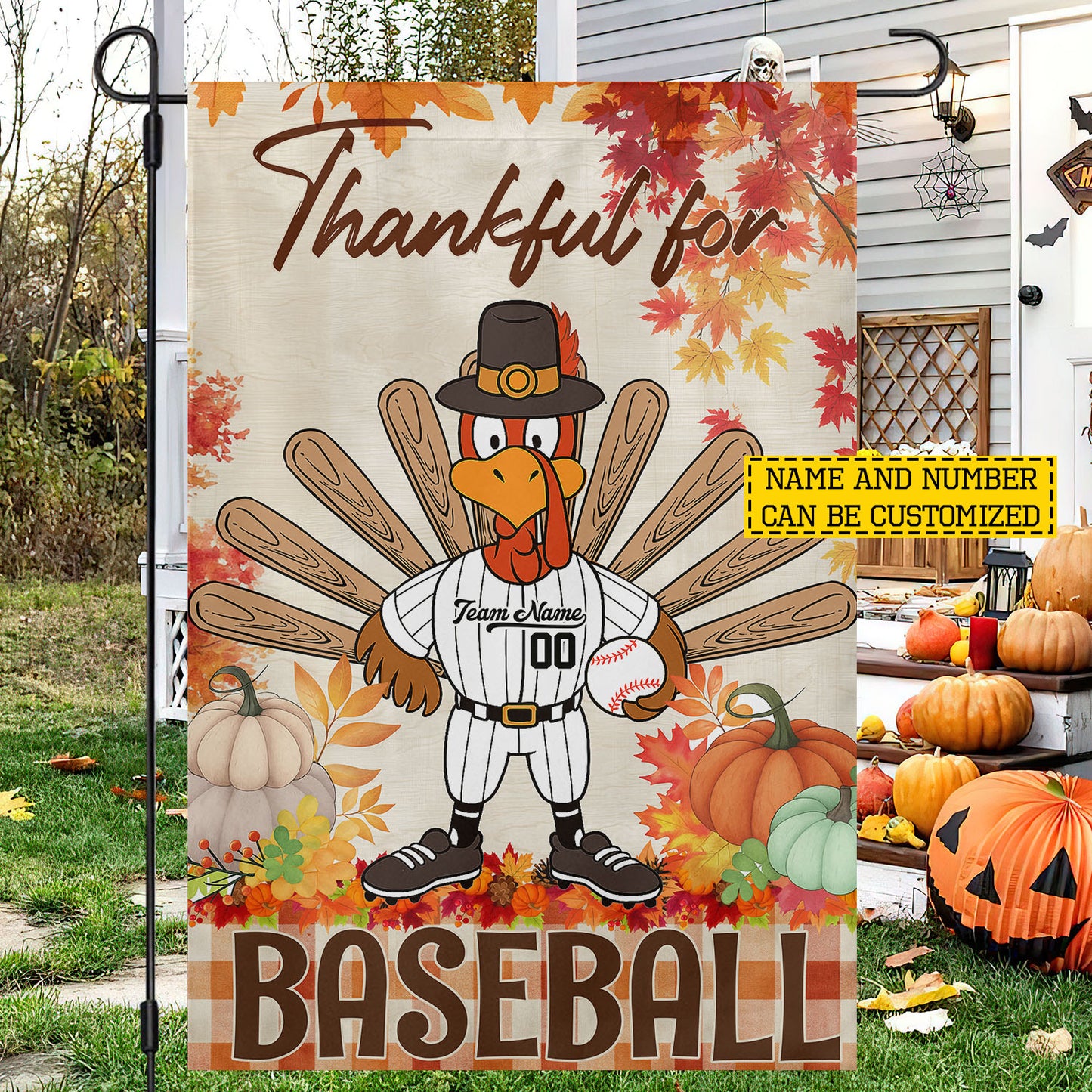 Personalized Thanksgiving Baseball Garden & House Flag, Thankful For Baseball Turkey Outdoor Decor, Yard Decor Gift For Baseball Lovers