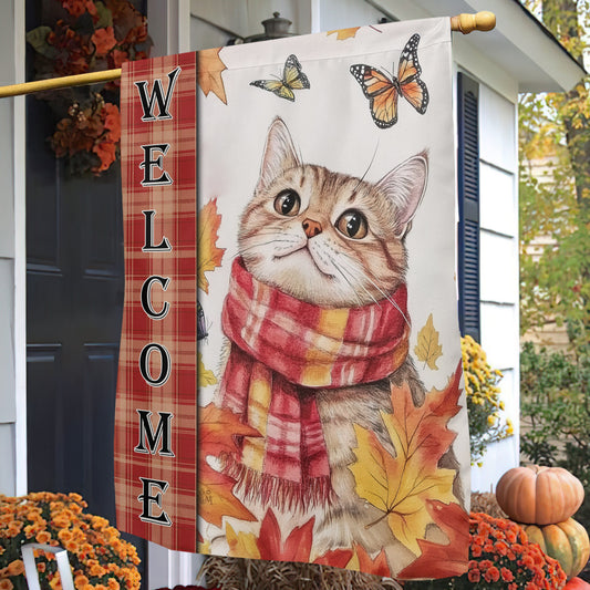 Cute Thanksgiving Cat Garden & House Flag, Welcome Outdoor Decor, Give Thanks Yard Decor Gift For Cat Lovers