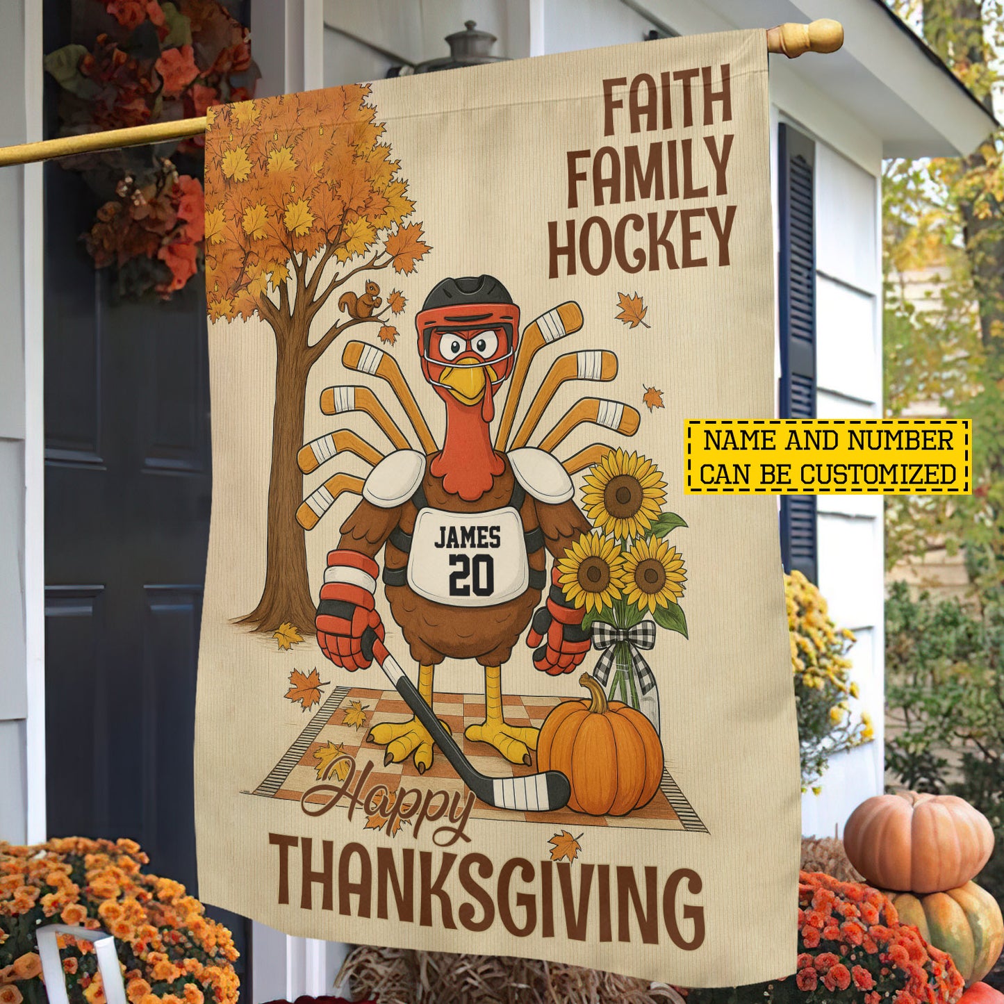Personalized Thanksgiving Hockey Garden & House Flag, Faith Family Hockey Turkey Outdoor Decor, Yard Decor Thankful Gift For Hockey Lovers