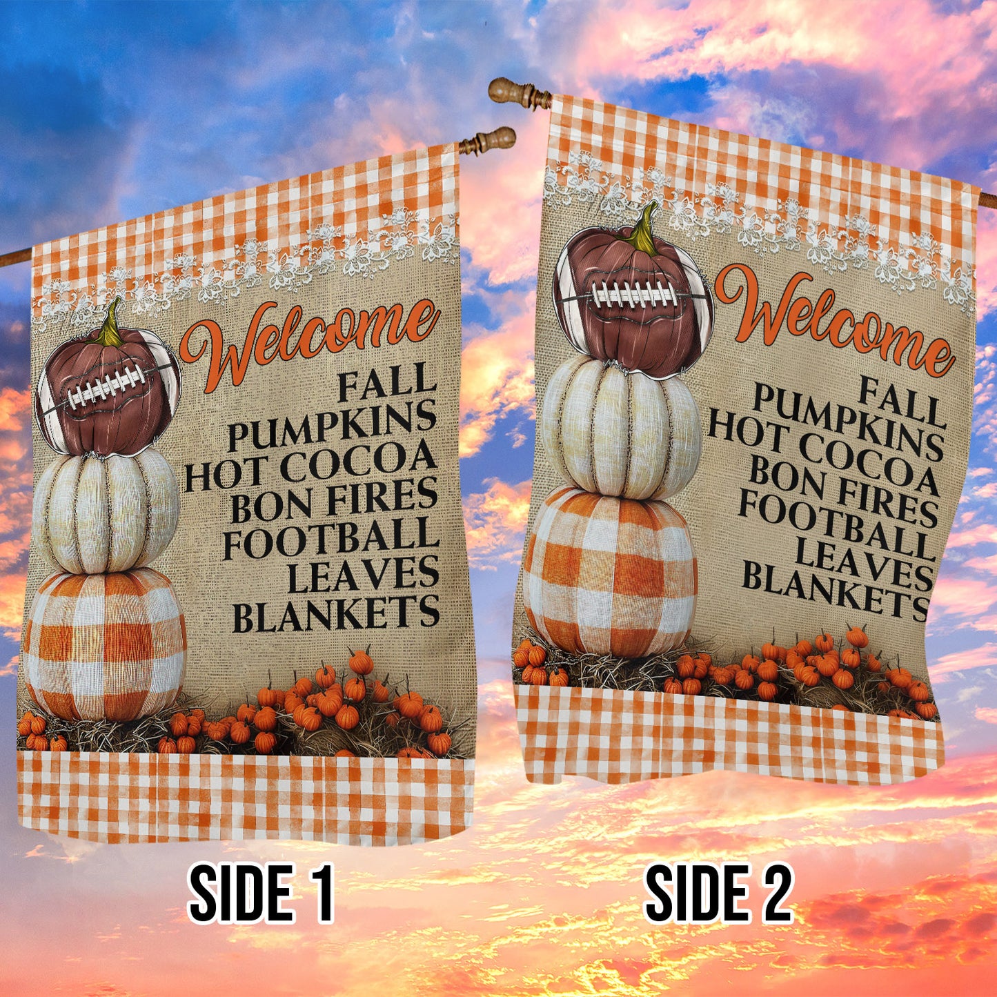 Thanksgiving Football Garden Flag & House Flag, Welcome Fall Pumpkins Hot Coca Thankful Outdoor Decor, Yard Decor Gift For Football Lovers