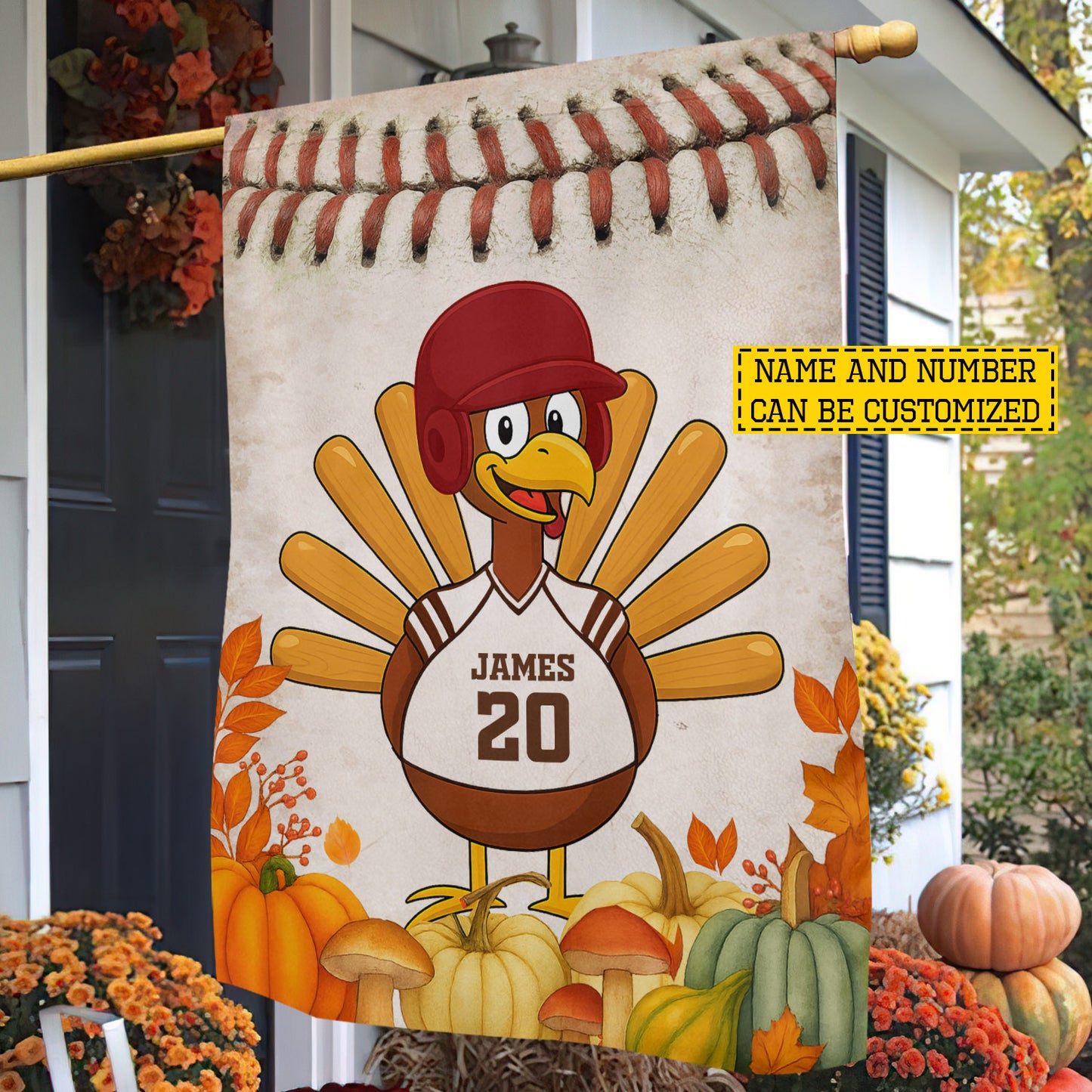 Cute Personalized Thanksgiving Baseball Garden & House Flag, Thankful Turkey Outdoor Decor, Yard Decor Gift For Baseball Lovers