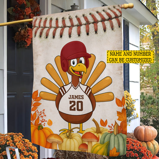 Cute Personalized Thanksgiving Baseball Garden & House Flag, Thankful Turkey Outdoor Decor, Yard Decor Gift For Baseball Lovers