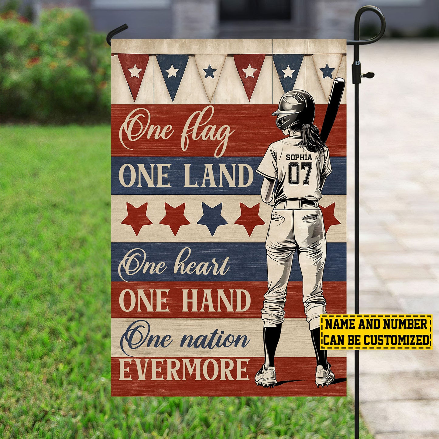 Personalized July 4th Softball American Garden Flag House Flag, One Flag One Land One Heart One Hand One Nation Evermore USA Yard Flag Gift For Softball Lovers