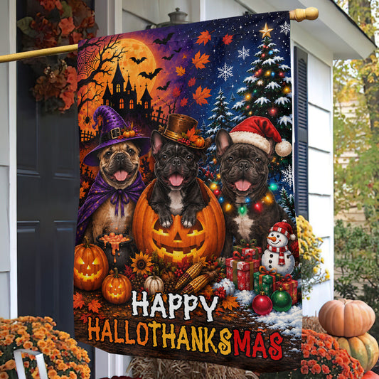 Funny Halloween Thanksgiving Christmas French bulldog Dog Garden & House Flag, Happy HalloThanksMas Yard Flag, 3 Seasons In 1 Flag Gift For Dog Lover