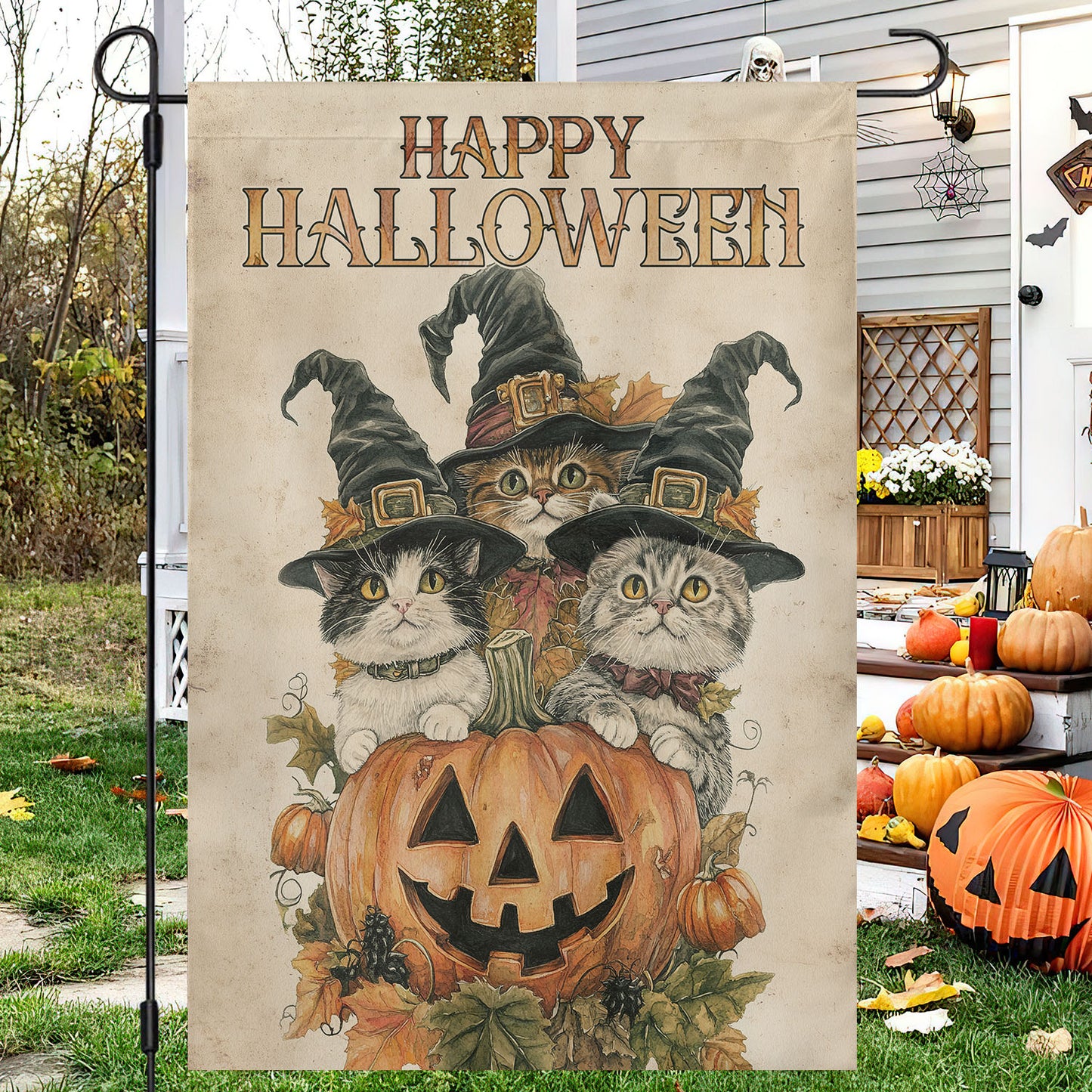 Halloween Cat Garden Flag House Flag, Happy Halloween Trio Yard Flag Spooky Season Gift For Cat Lovers