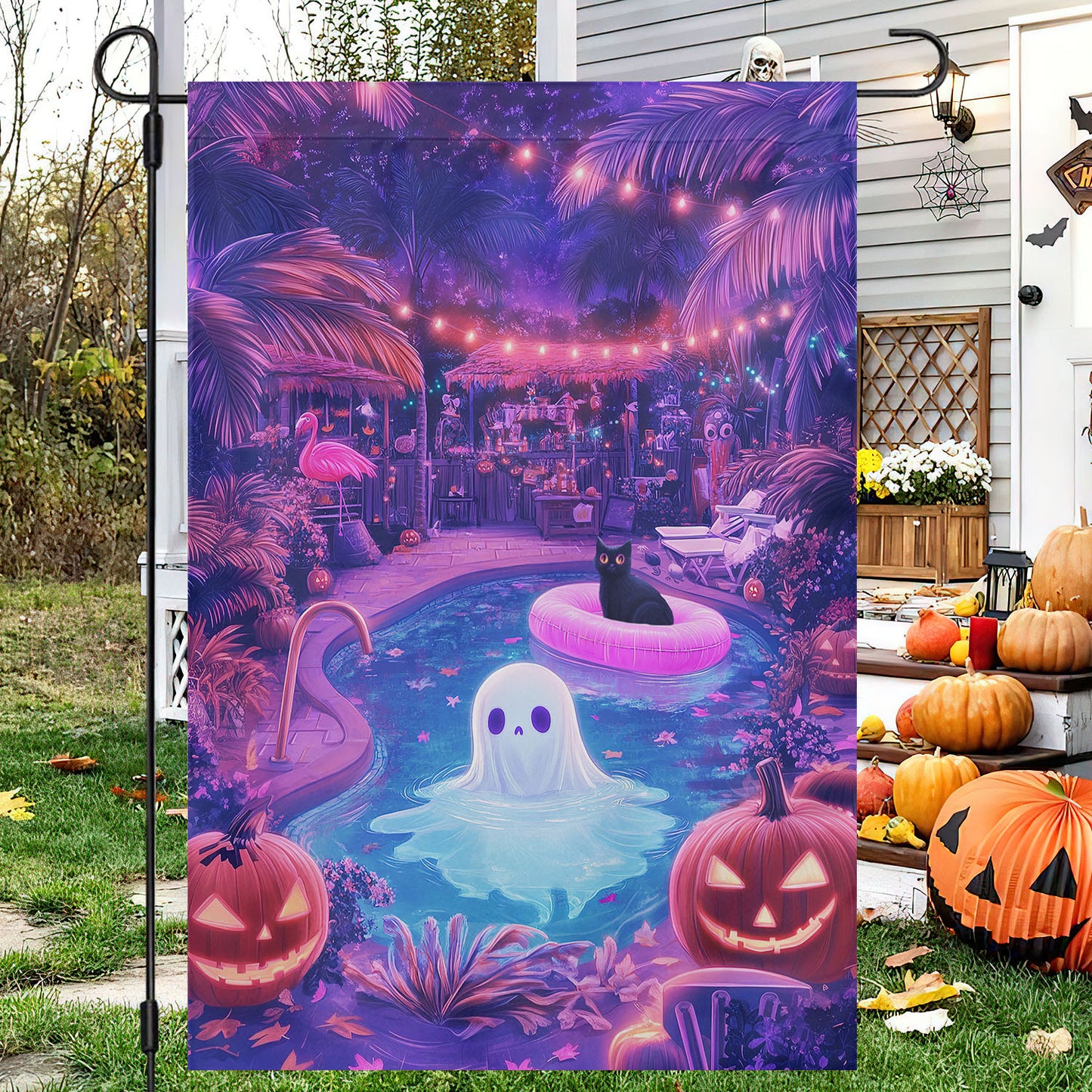 Halloween Boo Cat Flag House Flag, Tropical Spooktacular Yard Flag Spooky Season Gift For Ghost Lovers, Cat Lovers