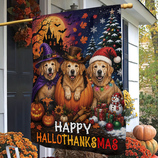 Funny Halloween Thanksgiving Christmas Golden Retriever Dog Garden & House Flag, Happy HalloThanksMas Yard Flag, 3 Seasons In 1 Flag Gift For Dog Lover
