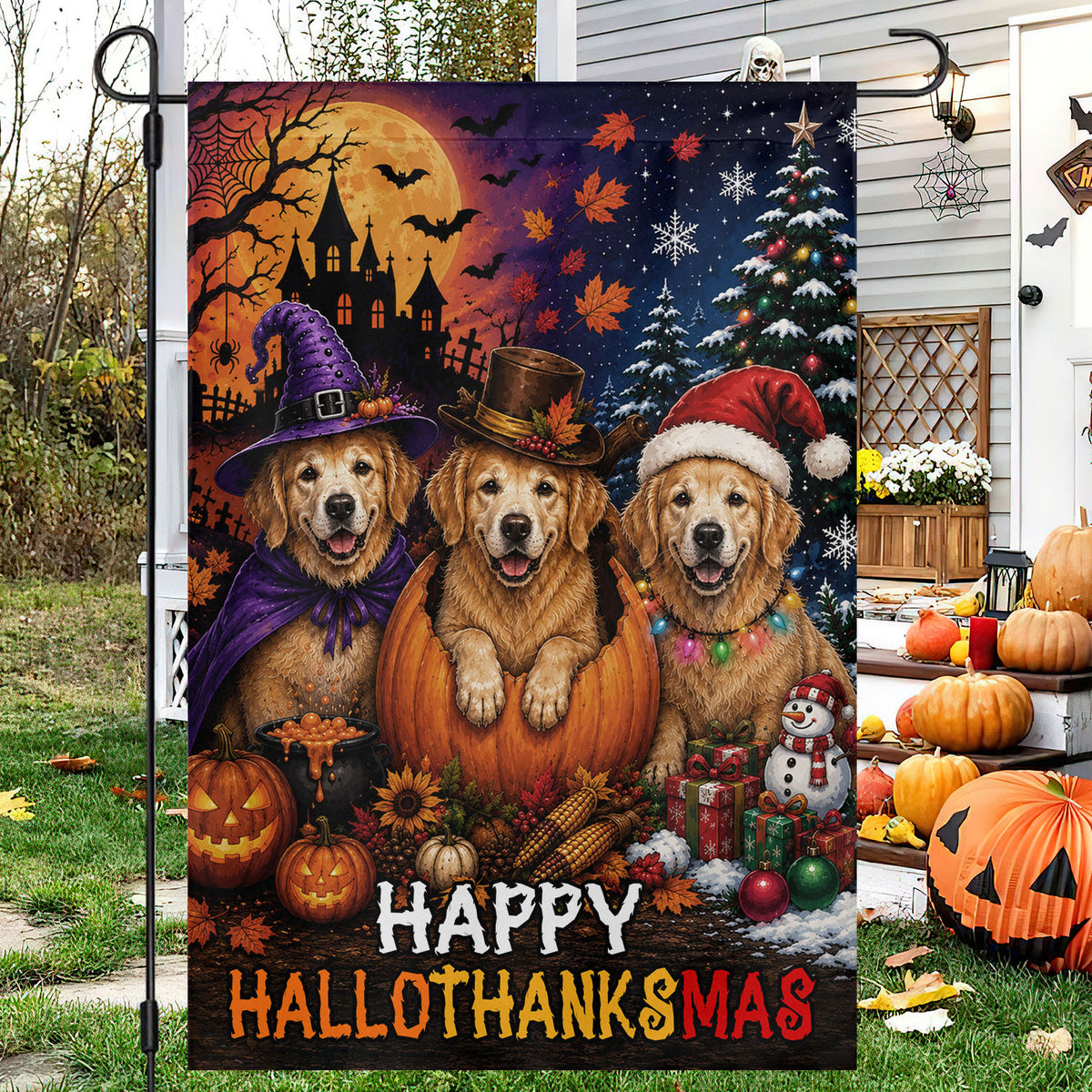 Funny Halloween Thanksgiving Christmas Golden Retriever Dog Garden & House Flag, Happy HalloThanksMas Yard Flag, 3 Seasons In 1 Flag Gift For Dog Lover