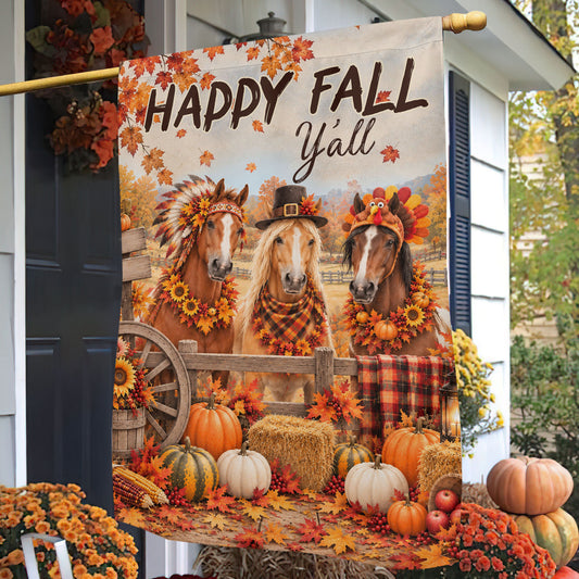 Vintage Thanksgiving Horse Garden & House Flag, Haddy Fall Y'all Outdoor Decor, Fall Season Yard Decor Gift For Horse Lover