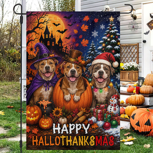 Funny Halloween Thanksgiving Christmas Pitbull Dog Garden & House Flag, Happy HalloThanksMas Yard Flag, 3 Seasons In 1 Flag Gift For Dog Lover