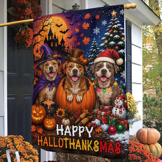 Funny Halloween Thanksgiving Christmas Pitbull Dog Garden & House Flag, Happy HalloThanksMas Yard Flag, 3 Seasons In 1 Flag Gift For Dog Lover