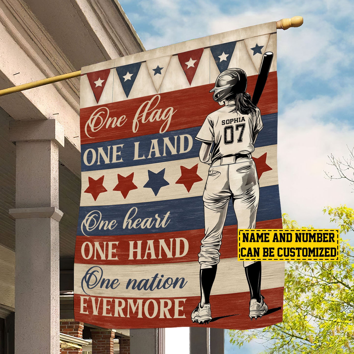Personalized July 4th Softball American Garden Flag House Flag, One Flag One Land One Heart One Hand One Nation Evermore USA Yard Flag Gift For Softball Lovers