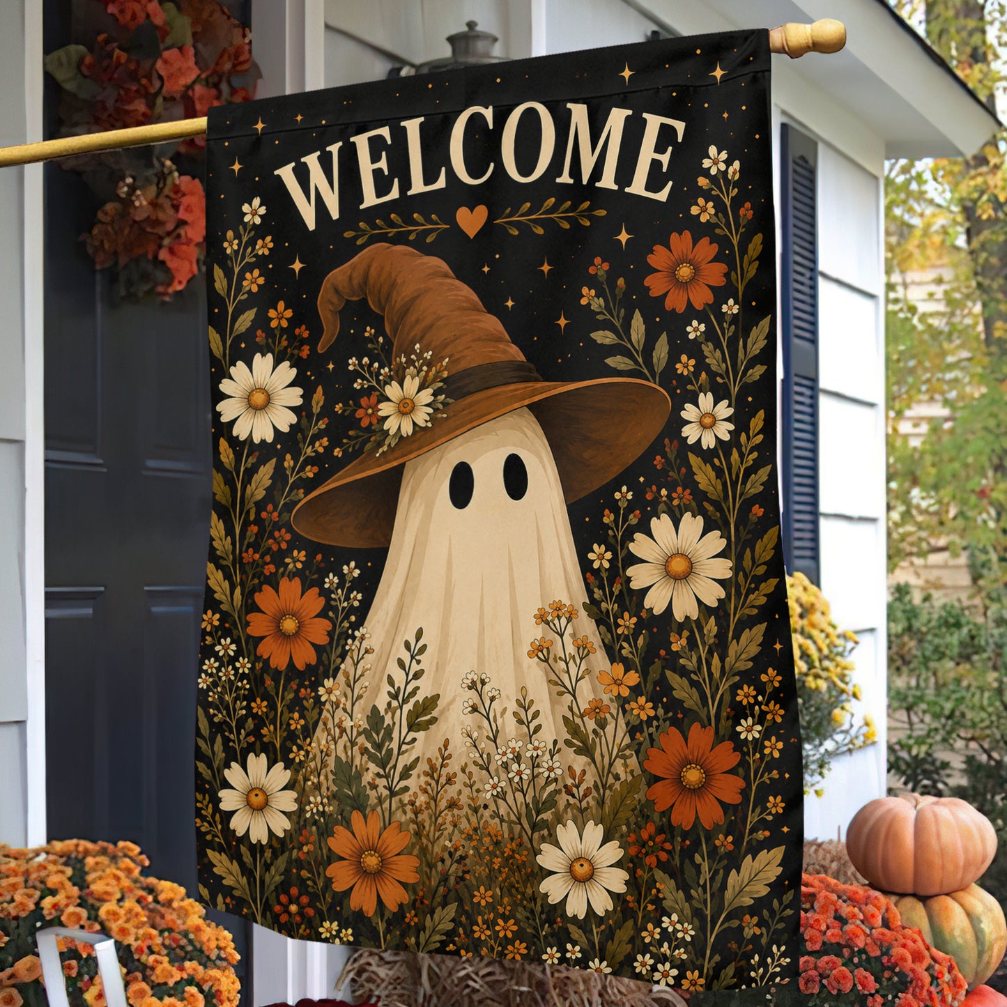 Cute Halloween Boo Garden & House Flag, Witch Hat Floral Yard Flag, Welcome Spooky Season Gift For Ghost Lover