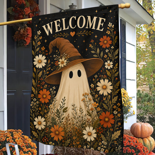 Cute Halloween Boo Garden & House Flag, Witch Hat Floral Yard Flag, Welcome Spooky Season Gift For Ghost Lover
