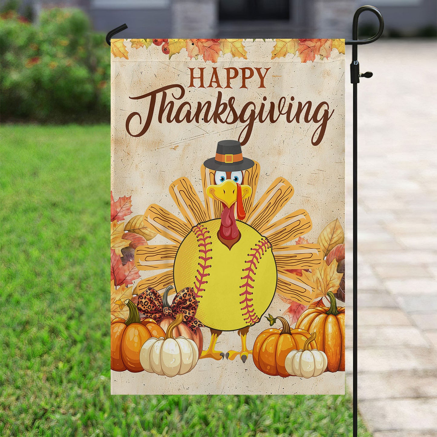 Thanksgiving Softball Garden Flag & House Flag, Happy Thanksgiving Season Outdoor Decor, Yard Decor Gift For Softball Lovers