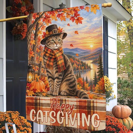 Vintage Thanksgiving Cat Garden & House Flag, Happy Catsgiving Fall Season Outdoor Decor, Yard Decor Gift For Cat Lover
