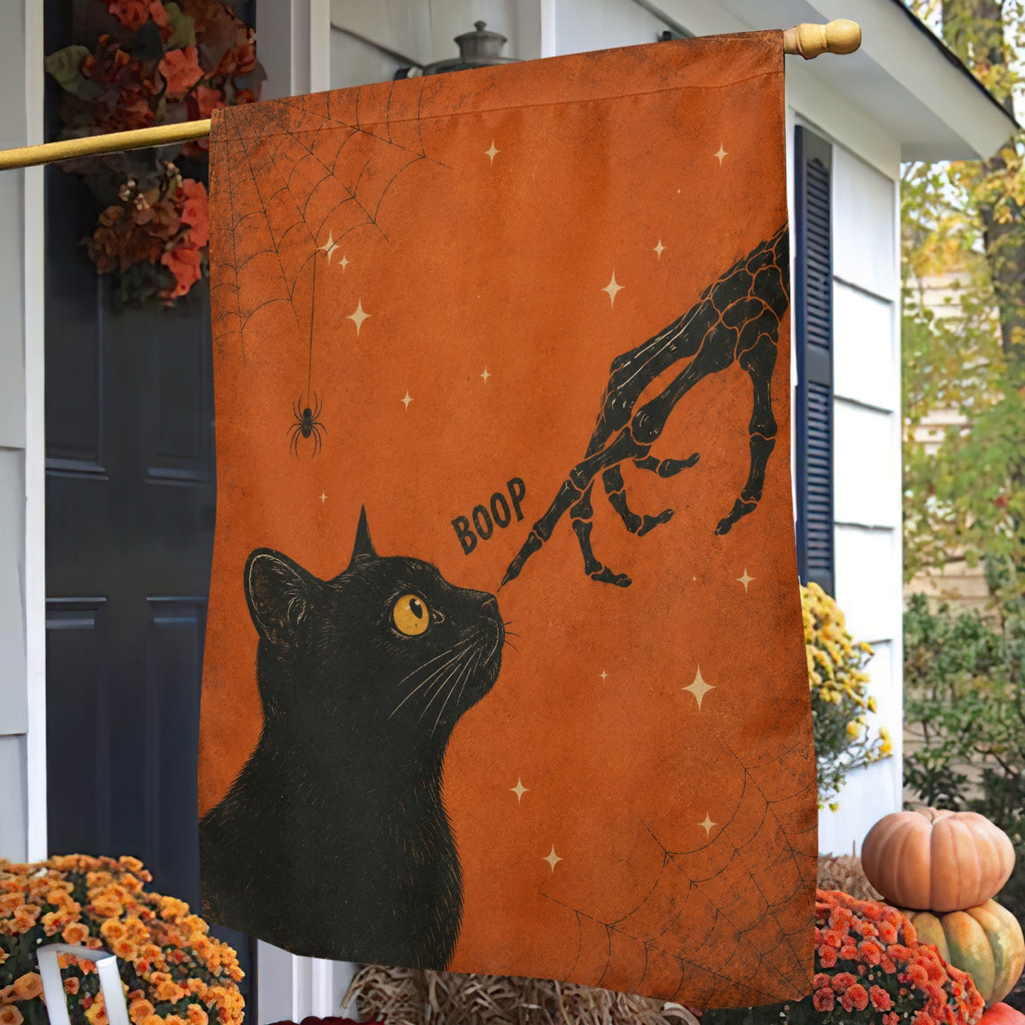 Vintage Halloween Black Cat Garden & House Flag, Skeleton Hand Boop Yard Flag, Spooky Season Gift For Cat Lover
