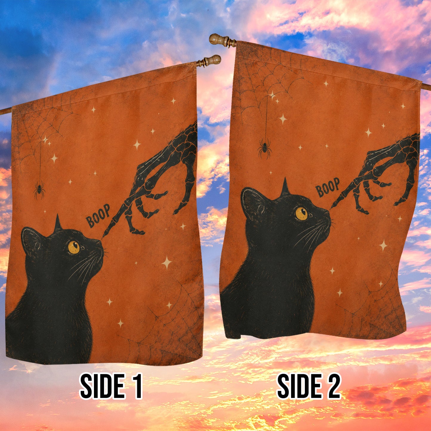 Vintage Halloween Black Cat Garden & House Flag, Skeleton Hand Boop Yard Flag, Spooky Season Gift For Cat Lover