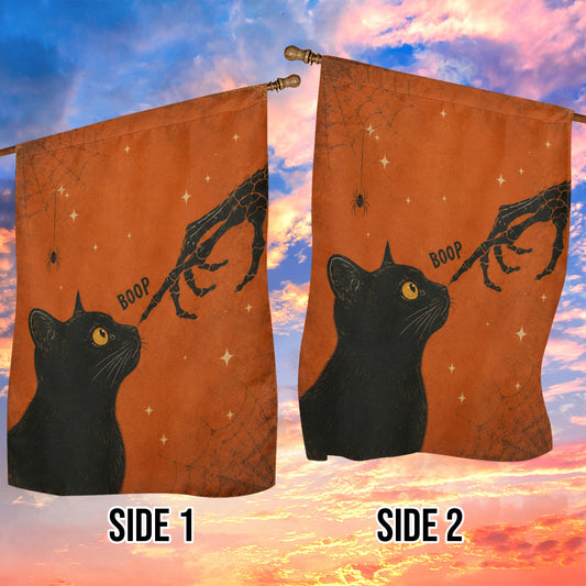 Vintage Halloween Black Cat Garden & House Flag, Skeleton Hand Boop Yard Flag, Spooky Season Gift For Cat Lover