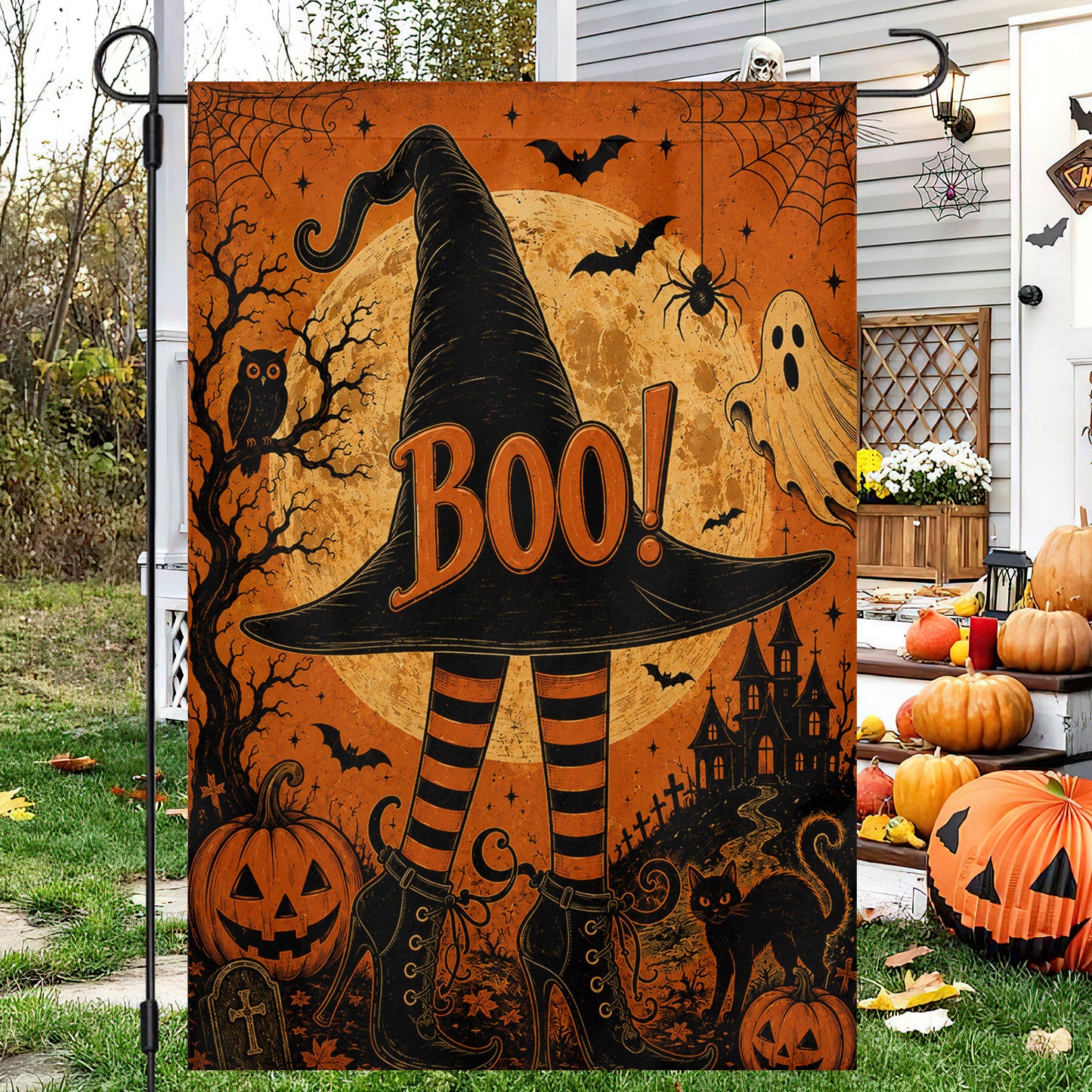 Vintage Halloween Witch Garden & House Flag, Boo Witch Hat Yard Flag, Spooky Season Gift For Witch Lover