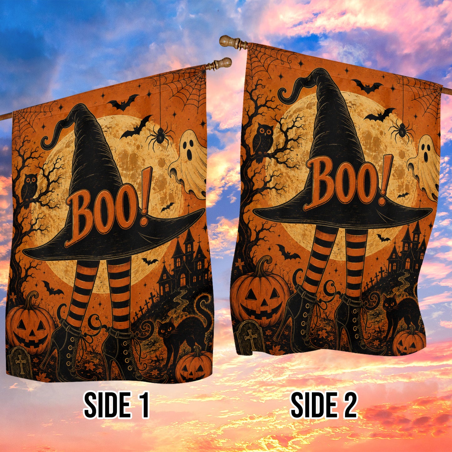 Vintage Halloween Witch Garden & House Flag, Boo Witch Hat Yard Flag, Spooky Season Gift For Witch Lover