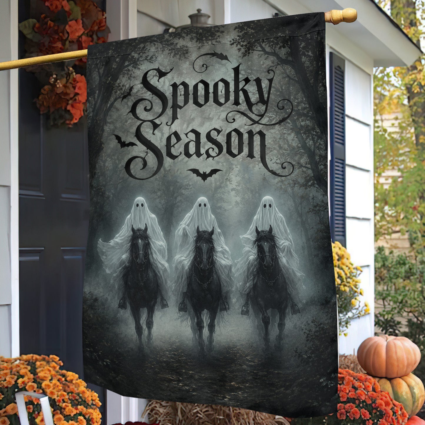 Vintage Halloween Ghost Riding Horse Garden & House Flag, Ghost Rider Yard Flag, Spooky Season Gift For Ghost Lover