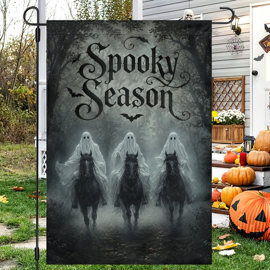 Vintage Halloween Ghost Riding Horse Garden & House Flag, Ghost Rider Yard Flag, Spooky Season Gift For Ghost Lover