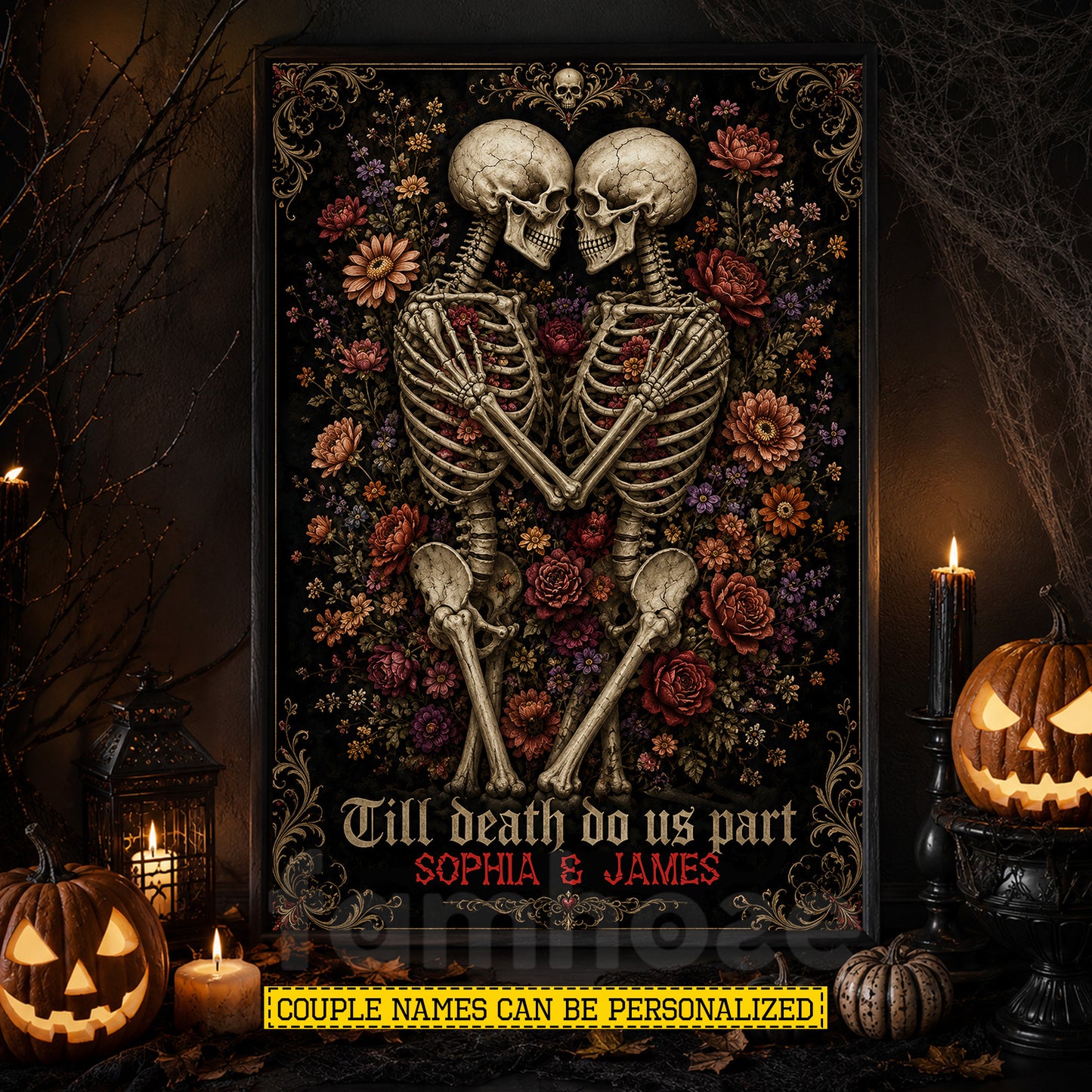 Personalized Halloween Skeleton Couple Canvas Painting, Till Death Do Us Part Wall Art Decor, Spooky Season Poster Gift For Couple