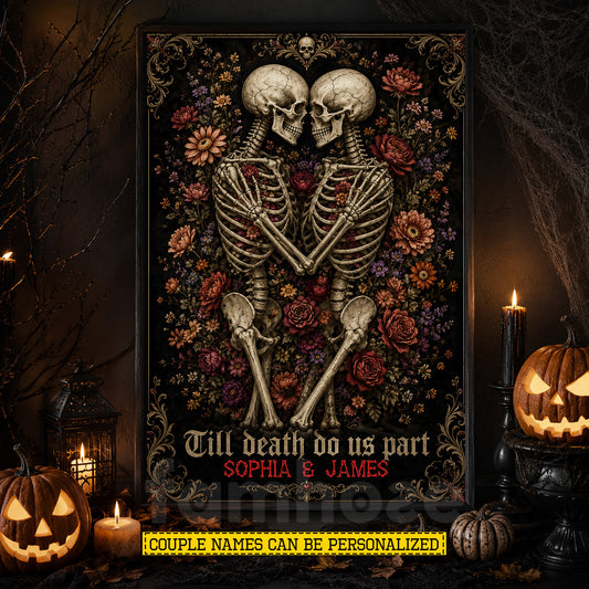 Personalized Halloween Skeleton Couple Canvas Painting, Till Death Do Us Part Wall Art Decor, Spooky Season Poster Gift For Couple