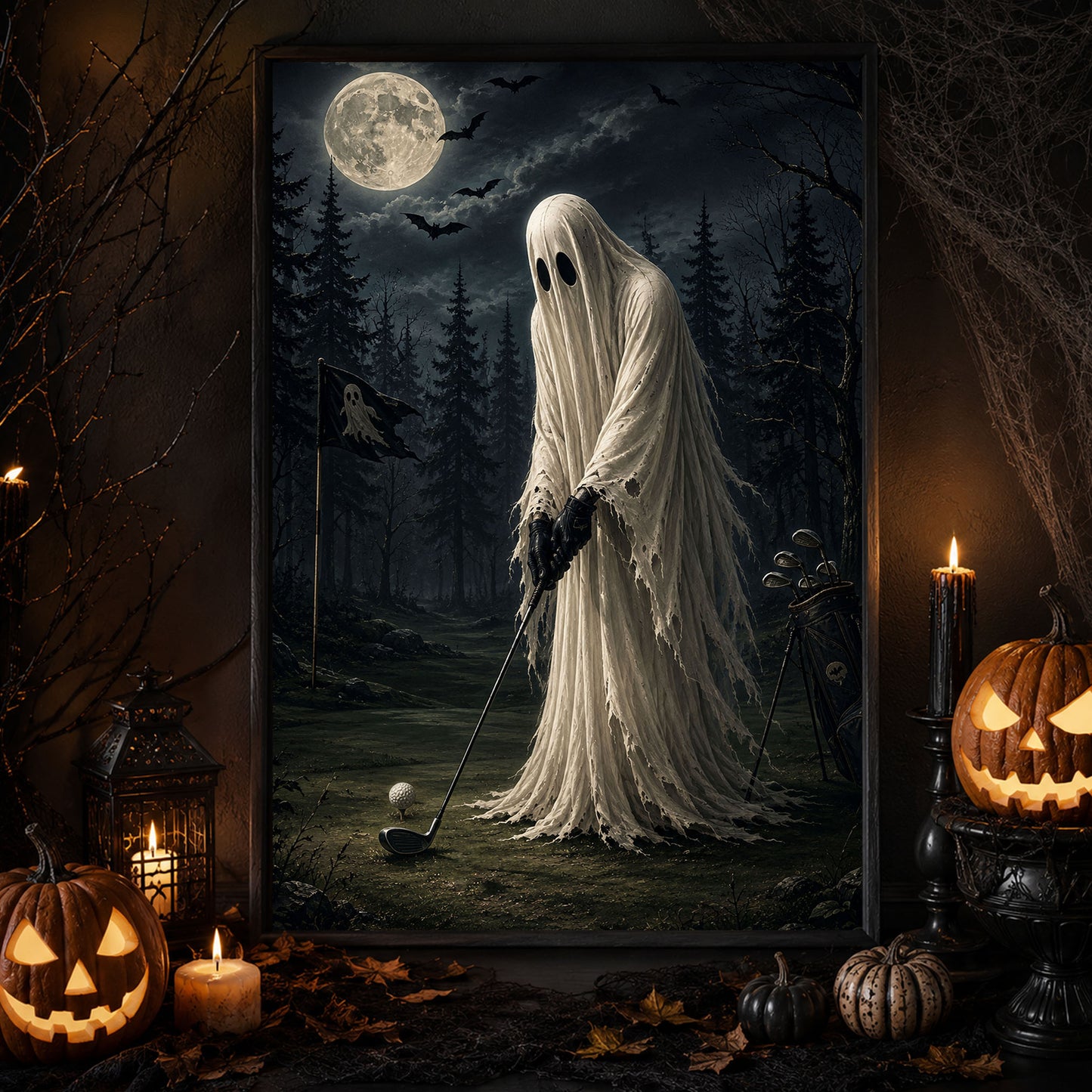 Halloween Ghost Golf Canvas Painting, Golfing After Death Wall Art Decor, Spooky Season Poster Gift For Golf Lover