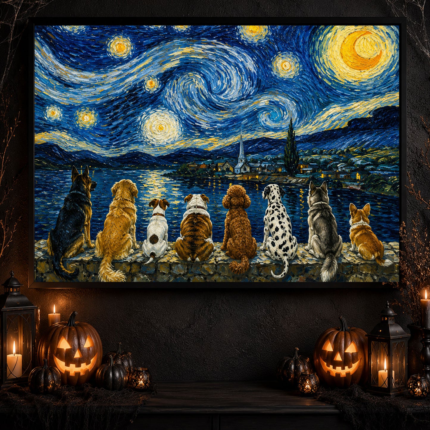 Impasto Oil Dog Canvas Painting, A Night Beneath the Stars Wall Art Decor, Poster Gift For Dog Lovers