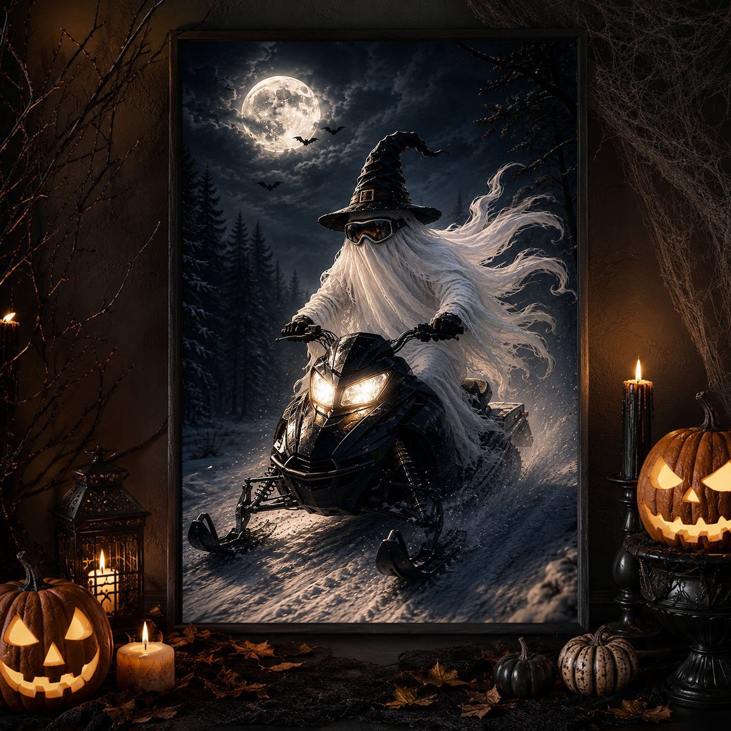 Halloween Snowmobile Ghost Canvas Painting, Midnight Ride Through the Haunted Snow Wall Art Decor, Spooky Season Poster Gift For Snowmobiling Lover