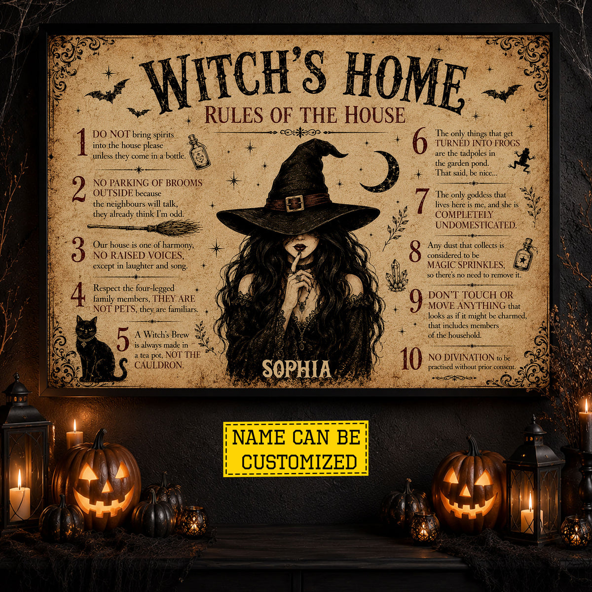 Personalized Halloween Witch Canvas Painting, Witch’s Home Rules Wall Art Decor, Spooky Season Poster Gift For Witch Lover