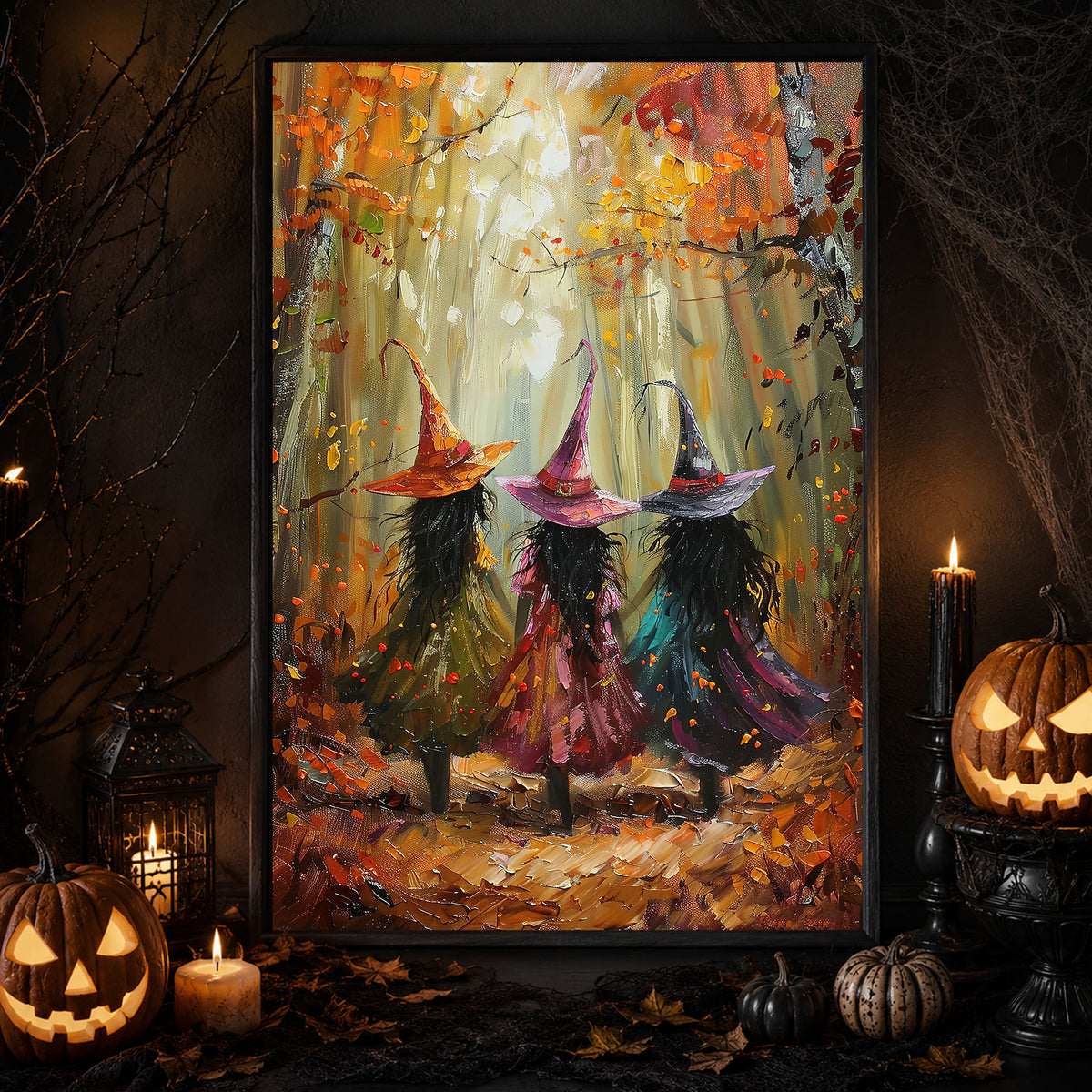 Autumn's Magical Muses, Witches Canvas Painting, Spooky Season Wall Art Decor, Halloween Poster Gift For Witch Lovers