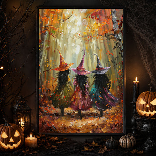Autumn's Magical Muses, Witches Canvas Painting, Spooky Season Wall Art Decor, Halloween Poster Gift For Witch Lovers