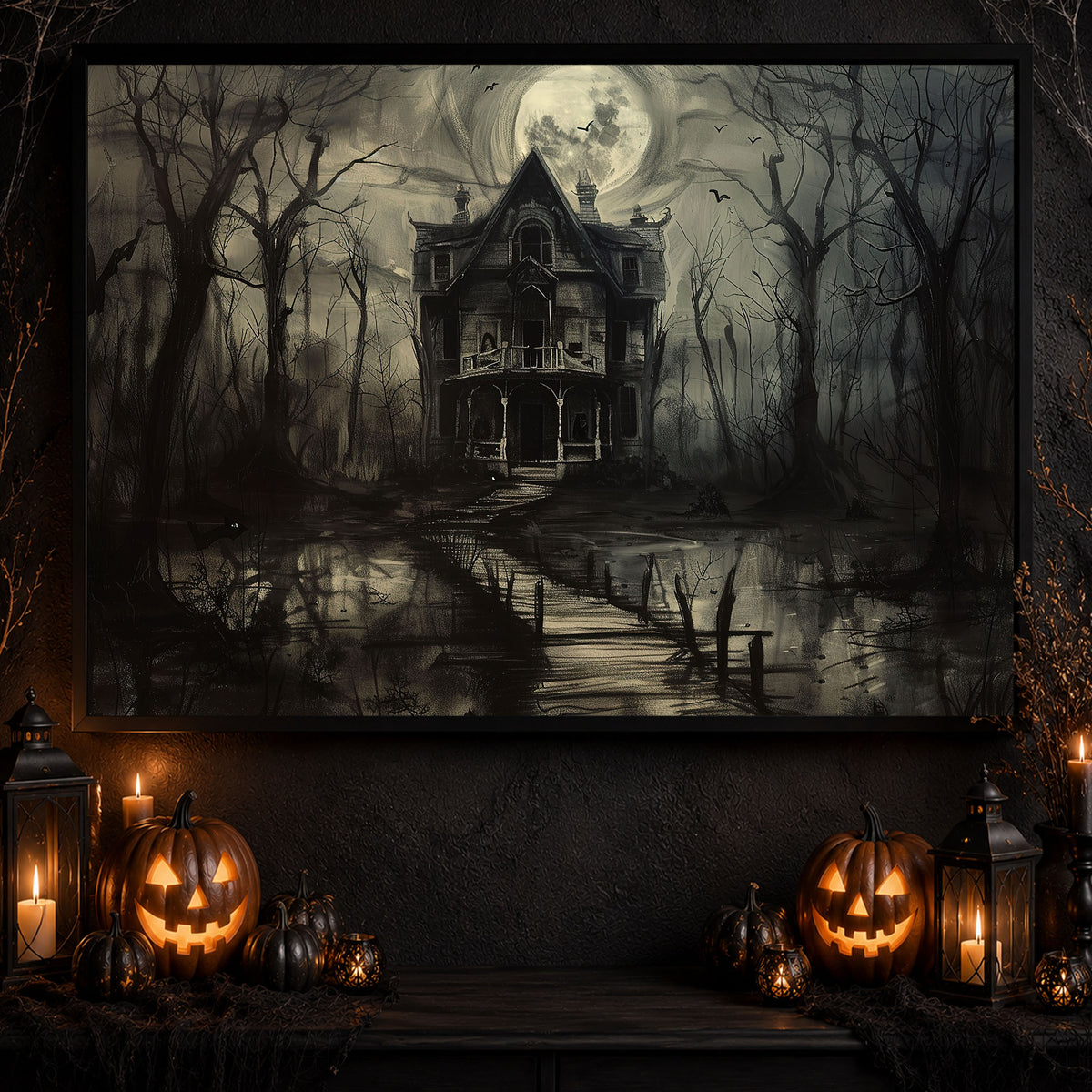 Moonlit Manor, Dark House Canvas Painting, Spooky Season Wall Art Decor, Halloween Poster Gift For House Lovers