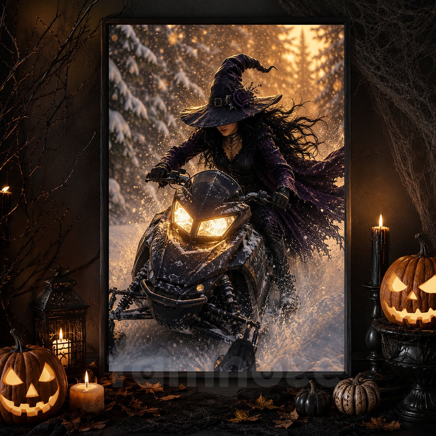 Halloween Snowmobile Witch Canvas Painting, Who Needs a Broom Wall Art Decor, Spooky Season Poster Gift For Snowmobiling Lover