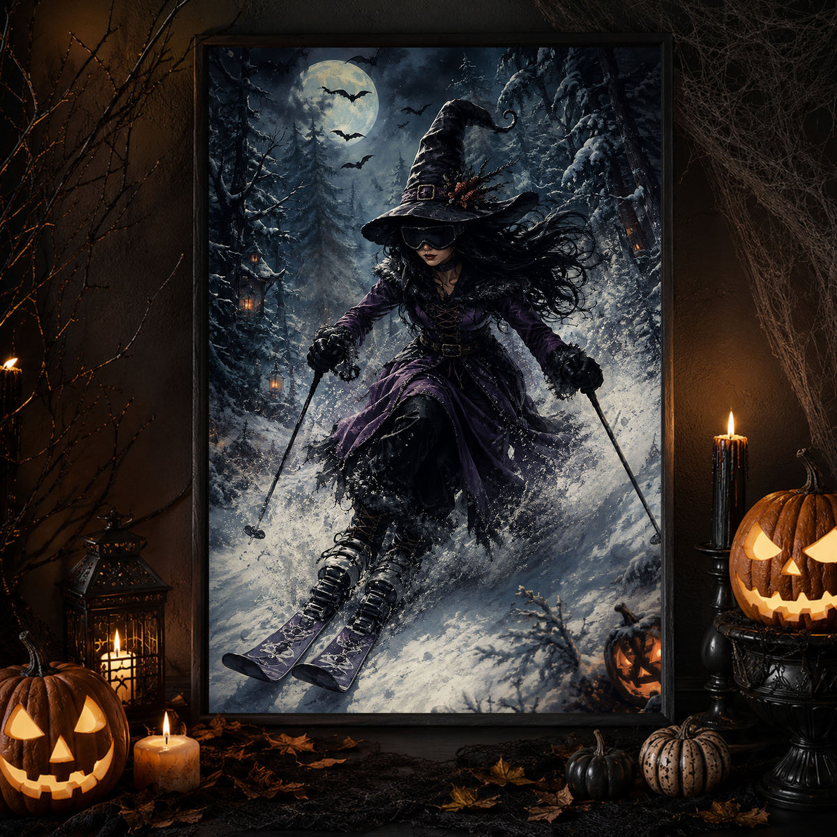 Halloween Skiing Witch Canvas Painting, Witches Don’t Need Broomsticks Wall Art Decor, Spooky Season Poster Gift For Skiing Lover