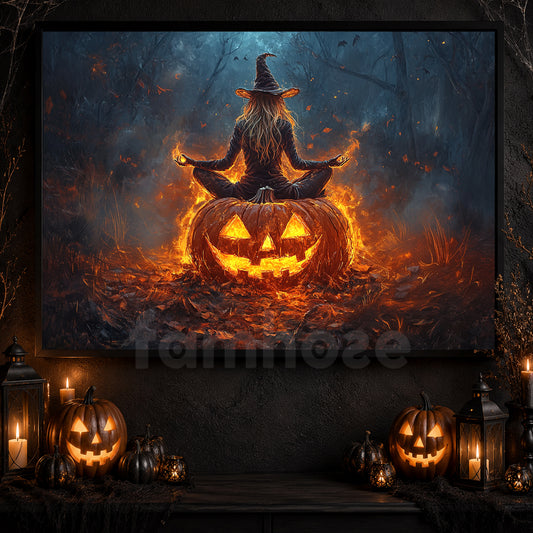Halloween Meditation Witch Canvas Painting, A Witch Sits Cross Wall Art Decor, Spooky Season Poster Gift For Meditator, Witch Lovers