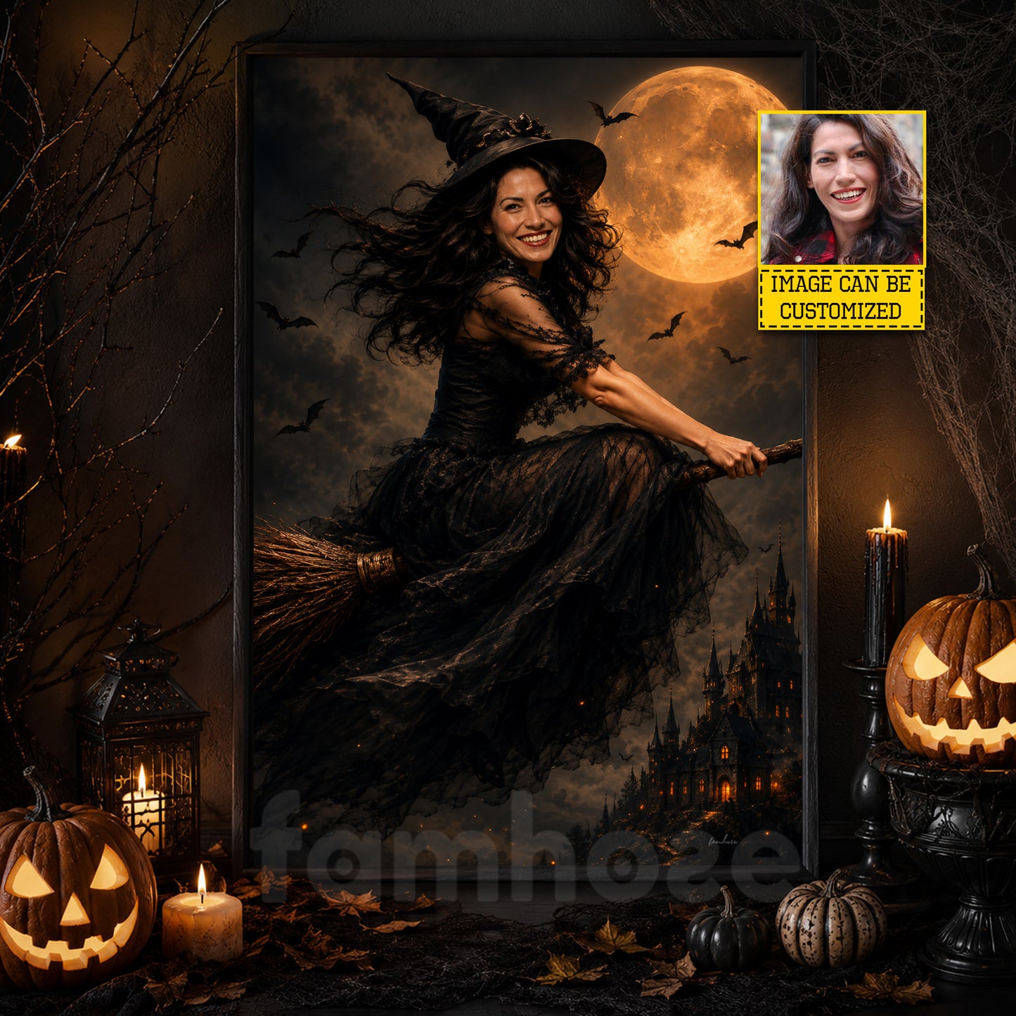 Personalized Halloween Flying Witch Canvas Painting, Fly Me To The Full Moon Wall Art Decor, Spooky Season Poster Gift For Witch Lover