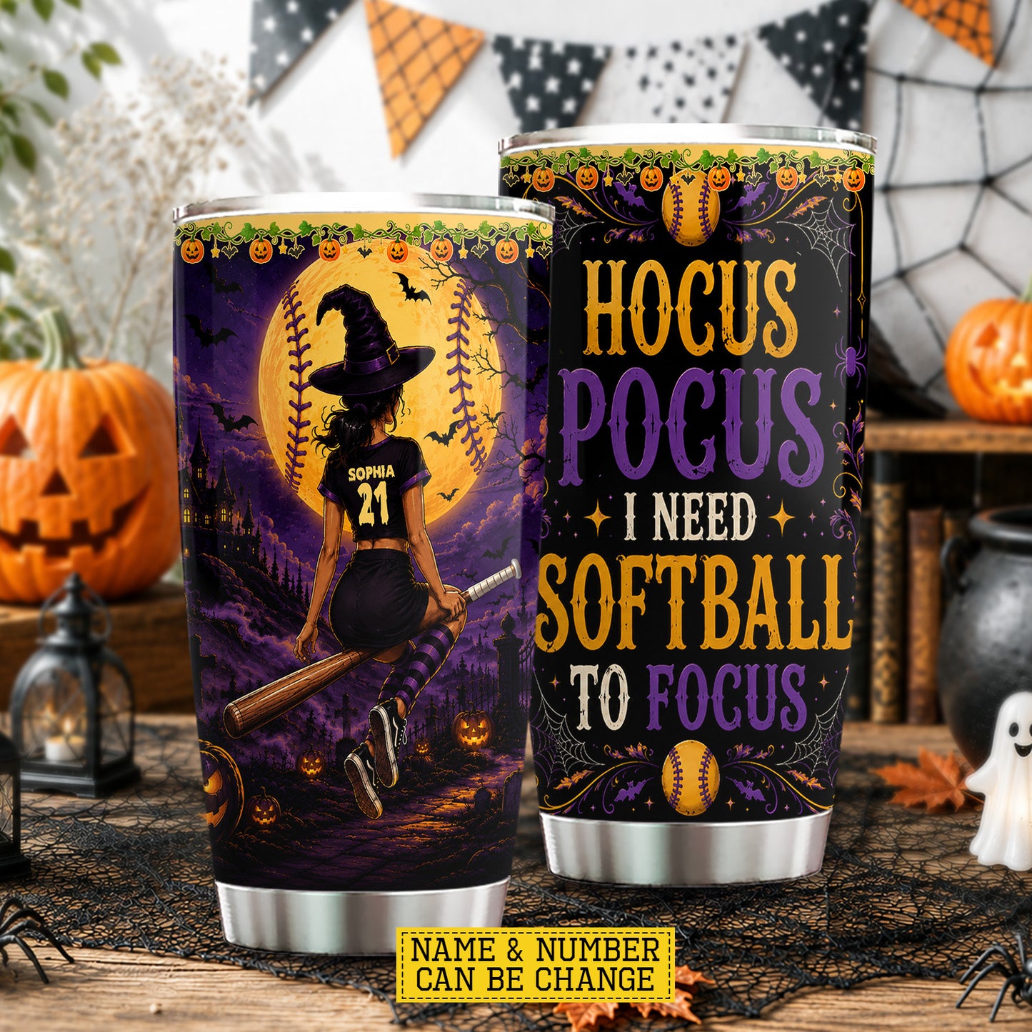 Personalized Halloween Softball Witch Tumbler, Hocus Pocus, Spooky Season Stainless Steel Tumbler, Travel Mug Tumblers Gift For Softball Lover