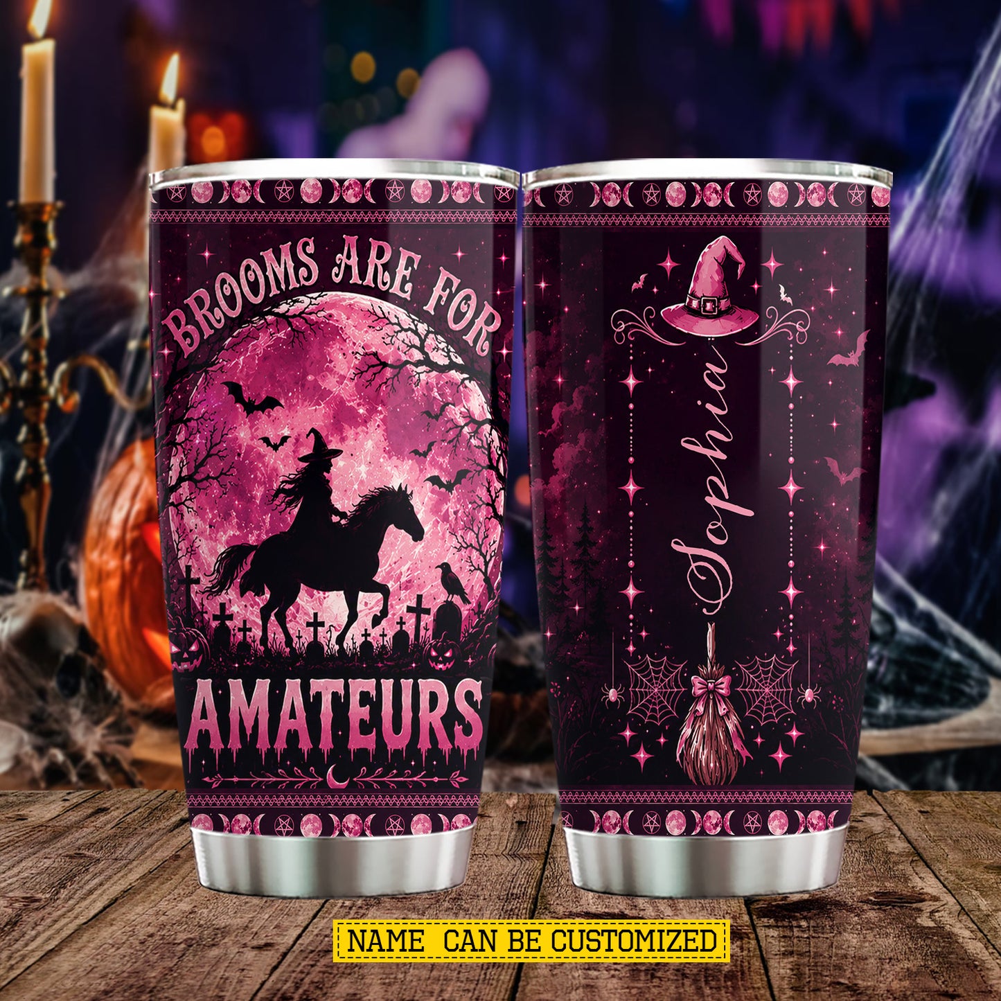 Personalized Halloween Witch Riding Horse Tumbler, Brooms Are For Amateurs, Spooky Season Stainless Steel Tumbler, Travel Mug Tumblers Gift For Horse Lover
