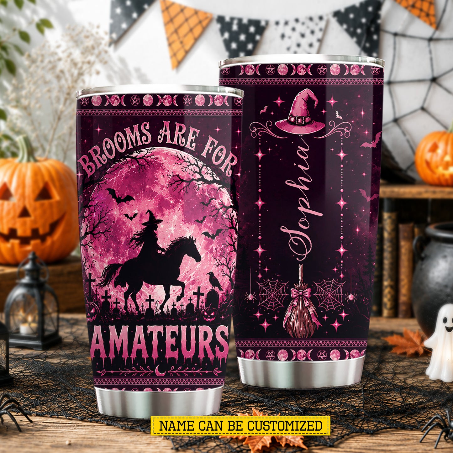 Personalized Halloween Witch Riding Horse Tumbler, Brooms Are For Amateurs, Spooky Season Stainless Steel Tumbler, Travel Mug Tumblers Gift For Horse Lover